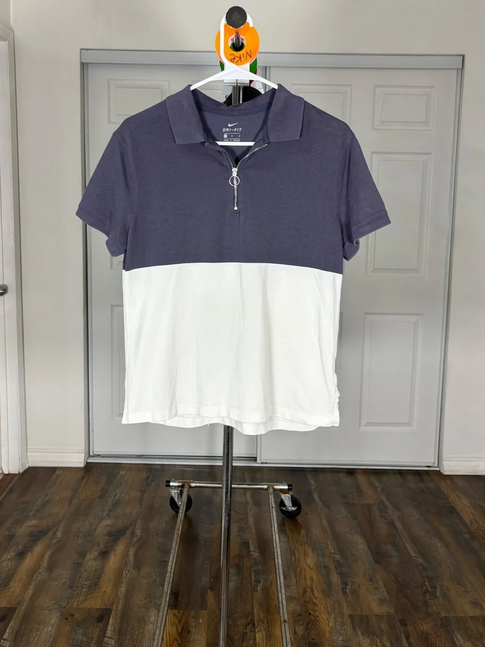 Nike Navy and White Short-Sleeve Polo with Front Zip